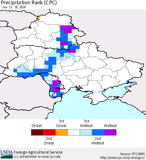 Ukraine, Moldova and Belarus Precipitation Rank since 1981 (CPC) Thematic Map For 6/21/2018 - 6/30/2018