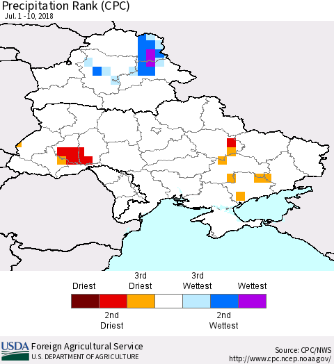 Ukraine, Moldova and Belarus Precipitation Rank since 1981 (CPC) Thematic Map For 7/1/2018 - 7/10/2018