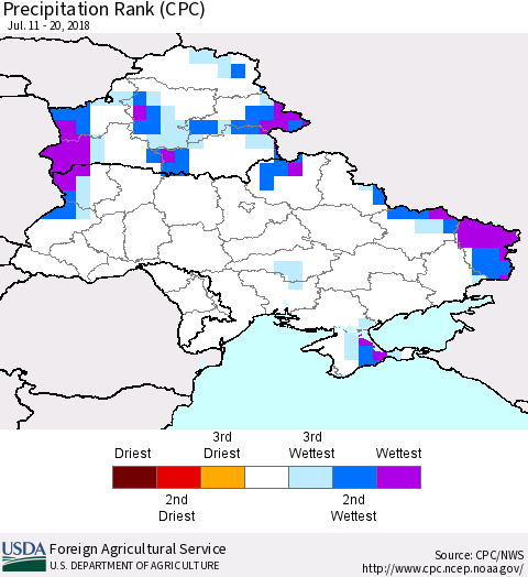 Ukraine, Moldova and Belarus Precipitation Rank since 1981 (CPC) Thematic Map For 7/11/2018 - 7/20/2018