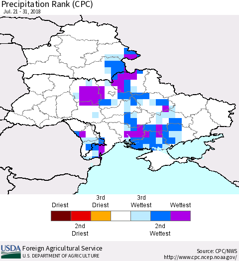 Ukraine, Moldova and Belarus Precipitation Rank since 1981 (CPC) Thematic Map For 7/21/2018 - 7/31/2018