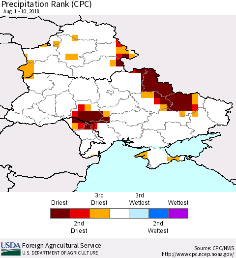 Ukraine, Moldova and Belarus Precipitation Rank since 1981 (CPC) Thematic Map For 8/1/2018 - 8/10/2018