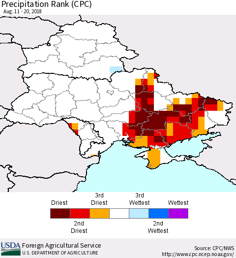 Ukraine, Moldova and Belarus Precipitation Rank since 1981 (CPC) Thematic Map For 8/11/2018 - 8/20/2018