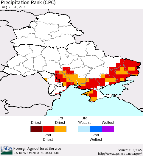 Ukraine, Moldova and Belarus Precipitation Rank since 1981 (CPC) Thematic Map For 8/21/2018 - 8/31/2018