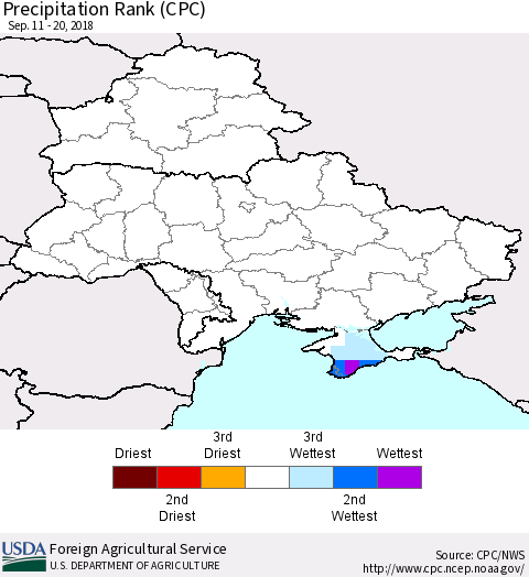 Ukraine, Moldova and Belarus Precipitation Rank (CPC) Thematic Map For 9/11/2018 - 9/20/2018