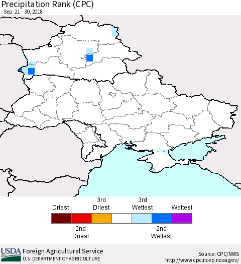 Ukraine, Moldova and Belarus Precipitation Rank (CPC) Thematic Map For 9/21/2018 - 9/30/2018