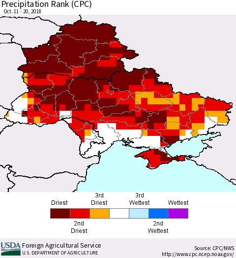 Ukraine, Moldova and Belarus Precipitation Rank (CPC) Thematic Map For 10/11/2018 - 10/20/2018
