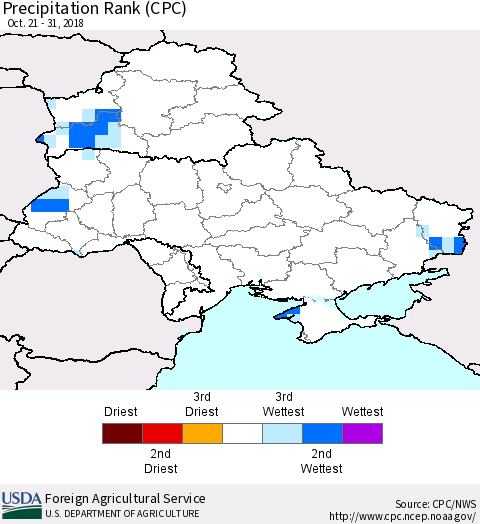 Ukraine, Moldova and Belarus Precipitation Rank (CPC) Thematic Map For 10/21/2018 - 10/31/2018
