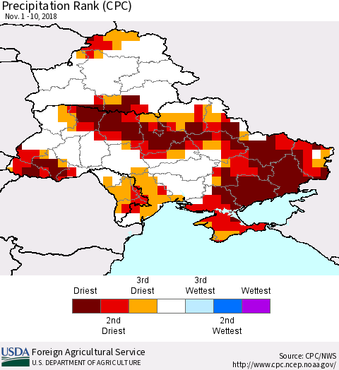 Ukraine, Moldova and Belarus Precipitation Rank (CPC) Thematic Map For 11/1/2018 - 11/10/2018