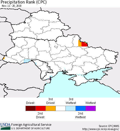 Ukraine, Moldova and Belarus Precipitation Rank (CPC) Thematic Map For 11/11/2018 - 11/20/2018