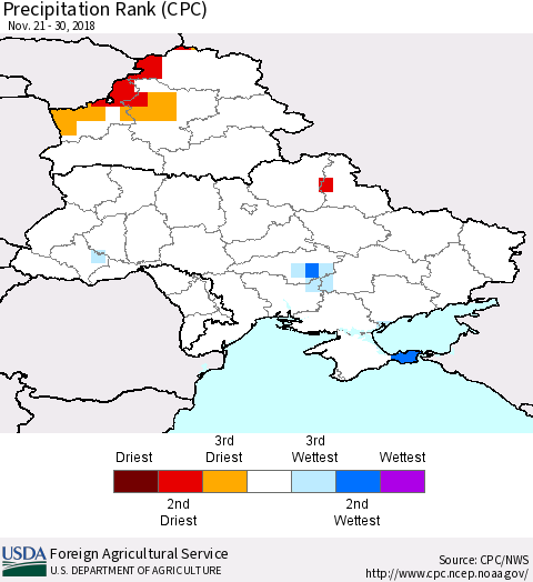 Ukraine, Moldova and Belarus Precipitation Rank since 1981 (CPC) Thematic Map For 11/21/2018 - 11/30/2018