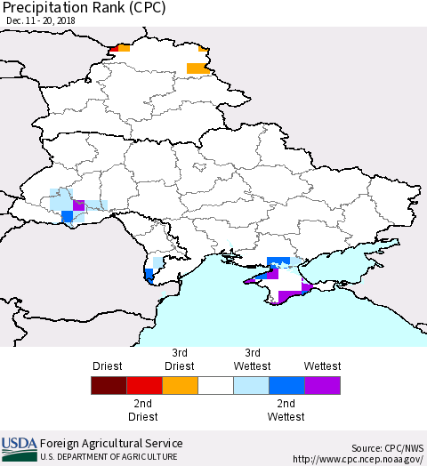 Ukraine, Moldova and Belarus Precipitation Rank since 1981 (CPC) Thematic Map For 12/11/2018 - 12/20/2018