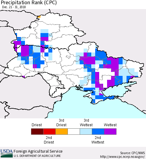 Ukraine, Moldova and Belarus Precipitation Rank (CPC) Thematic Map For 12/21/2018 - 12/31/2018