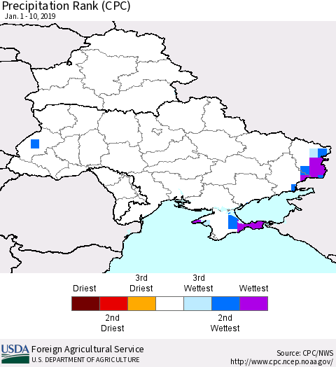 Ukraine, Moldova and Belarus Precipitation Rank (CPC) Thematic Map For 1/1/2019 - 1/10/2019