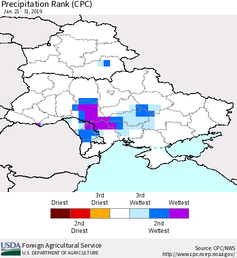 Ukraine, Moldova and Belarus Precipitation Rank (CPC) Thematic Map For 1/21/2019 - 1/31/2019