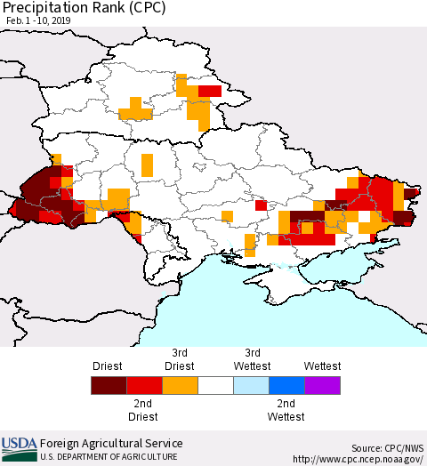 Ukraine, Moldova and Belarus Precipitation Rank (CPC) Thematic Map For 2/1/2019 - 2/10/2019