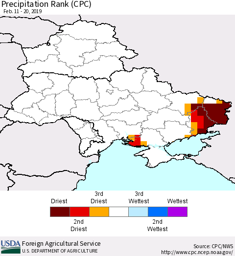 Ukraine, Moldova and Belarus Precipitation Rank (CPC) Thematic Map For 2/11/2019 - 2/20/2019