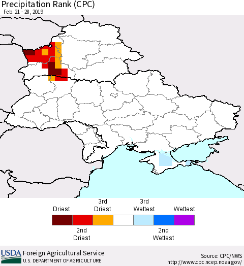 Ukraine, Moldova and Belarus Precipitation Rank (CPC) Thematic Map For 2/21/2019 - 2/28/2019