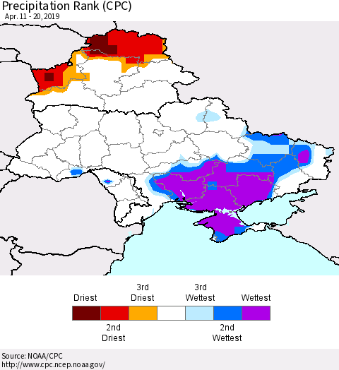 Ukraine, Moldova and Belarus Precipitation Rank (CPC) Thematic Map For 4/11/2019 - 4/20/2019