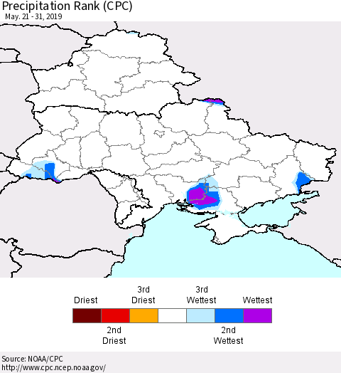 Ukraine, Moldova and Belarus Precipitation Rank (CPC) Thematic Map For 5/21/2019 - 5/31/2019