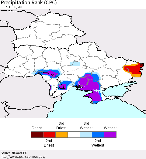 Ukraine, Moldova and Belarus Precipitation Rank since 1981 (CPC) Thematic Map For 6/1/2019 - 6/10/2019