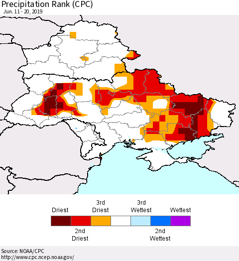 Ukraine, Moldova and Belarus Precipitation Rank (CPC) Thematic Map For 6/11/2019 - 6/20/2019
