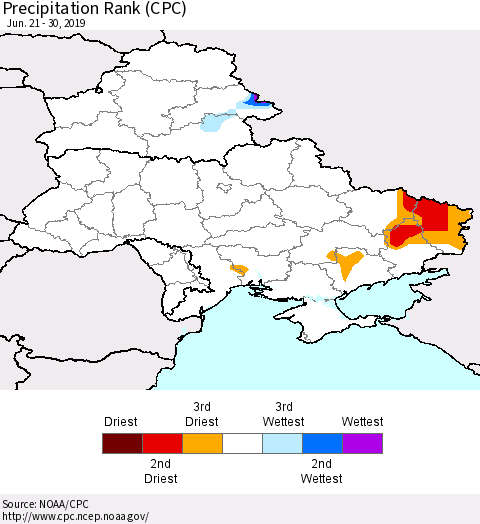 Ukraine, Moldova and Belarus Precipitation Rank (CPC) Thematic Map For 6/21/2019 - 6/30/2019