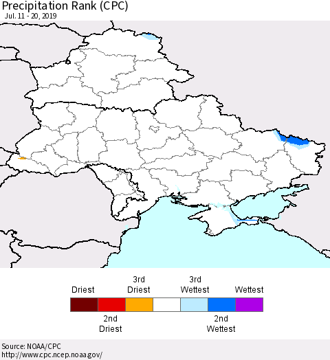 Ukraine, Moldova and Belarus Precipitation Rank since 1981 (CPC) Thematic Map For 7/11/2019 - 7/20/2019