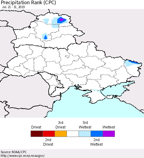 Ukraine, Moldova and Belarus Precipitation Rank (CPC) Thematic Map For 7/21/2019 - 7/31/2019
