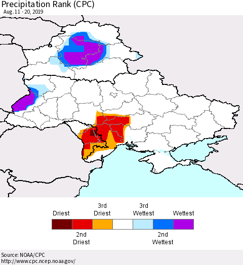 Ukraine, Moldova and Belarus Precipitation Rank (CPC) Thematic Map For 8/11/2019 - 8/20/2019