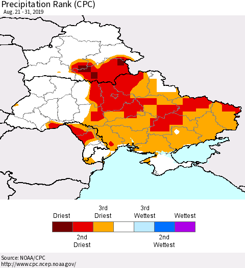 Ukraine, Moldova and Belarus Precipitation Rank since 1981 (CPC) Thematic Map For 8/21/2019 - 8/31/2019