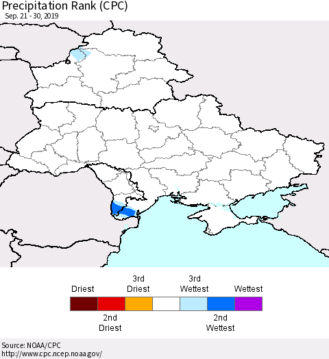 Ukraine, Moldova and Belarus Precipitation Rank since 1981 (CPC) Thematic Map For 9/21/2019 - 9/30/2019