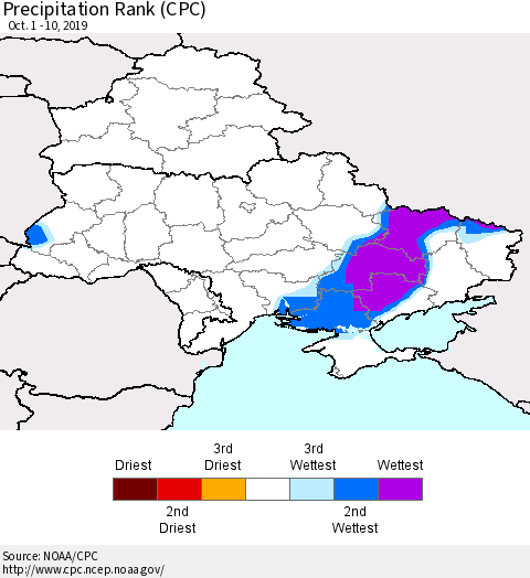 Ukraine, Moldova and Belarus Precipitation Rank (CPC) Thematic Map For 10/1/2019 - 10/10/2019