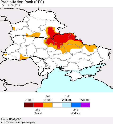 Ukraine, Moldova and Belarus Precipitation Rank (CPC) Thematic Map For 10/11/2019 - 10/20/2019