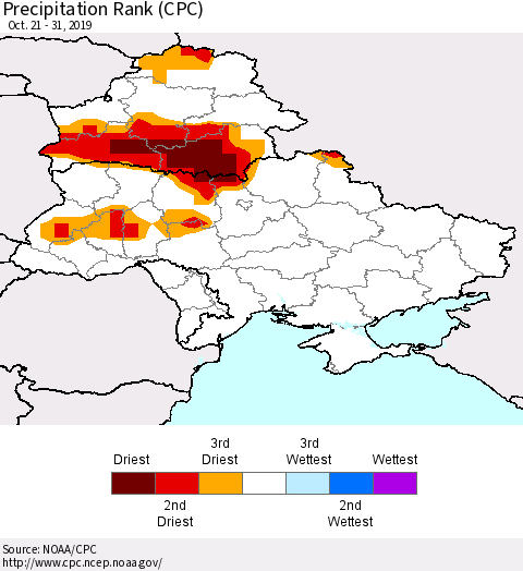 Ukraine, Moldova and Belarus Precipitation Rank (CPC) Thematic Map For 10/21/2019 - 10/31/2019