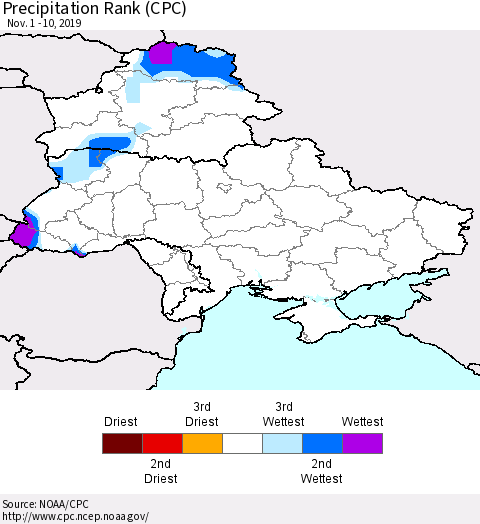 Ukraine, Moldova and Belarus Precipitation Rank (CPC) Thematic Map For 11/1/2019 - 11/10/2019
