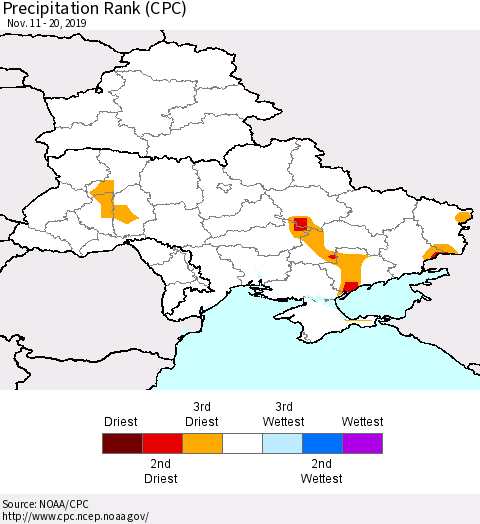Ukraine, Moldova and Belarus Precipitation Rank (CPC) Thematic Map For 11/11/2019 - 11/20/2019