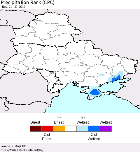 Ukraine, Moldova and Belarus Precipitation Rank since 1981 (CPC) Thematic Map For 11/21/2019 - 11/30/2019