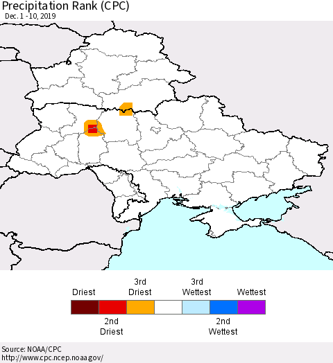 Ukraine, Moldova and Belarus Precipitation Rank (CPC) Thematic Map For 12/1/2019 - 12/10/2019
