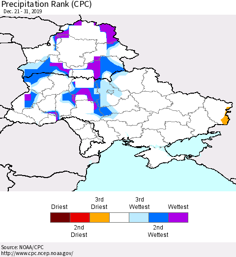Ukraine, Moldova and Belarus Precipitation Rank (CPC) Thematic Map For 12/21/2019 - 12/31/2019