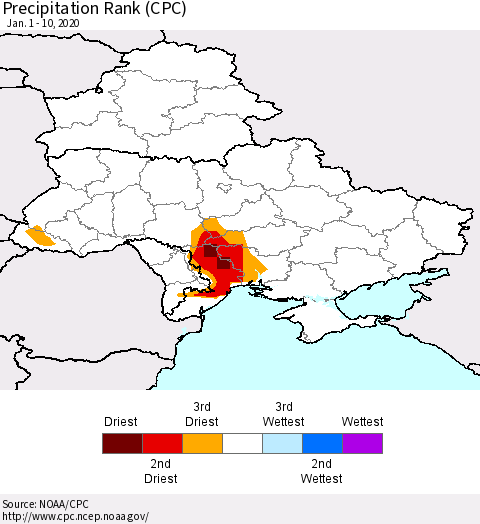 Ukraine, Moldova and Belarus Precipitation Rank (CPC) Thematic Map For 1/1/2020 - 1/10/2020