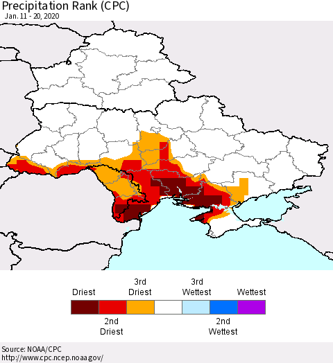 Ukraine, Moldova and Belarus Precipitation Rank (CPC) Thematic Map For 1/11/2020 - 1/20/2020