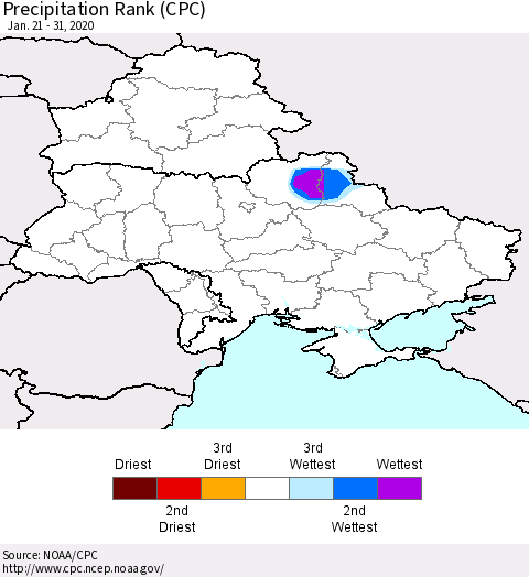 Ukraine, Moldova and Belarus Precipitation Rank (CPC) Thematic Map For 1/21/2020 - 1/31/2020