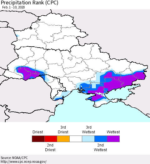 Ukraine, Moldova and Belarus Precipitation Rank since 1981 (CPC) Thematic Map For 2/1/2020 - 2/10/2020