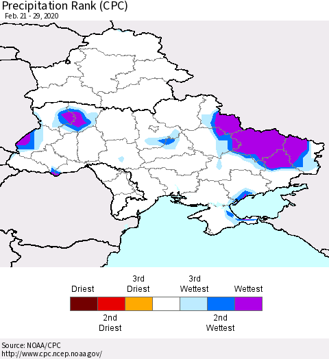 Ukraine, Moldova and Belarus Precipitation Rank (CPC) Thematic Map For 2/21/2020 - 2/29/2020