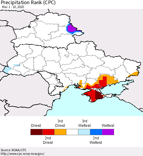 Ukraine, Moldova and Belarus Precipitation Rank (CPC) Thematic Map For 3/1/2020 - 3/10/2020