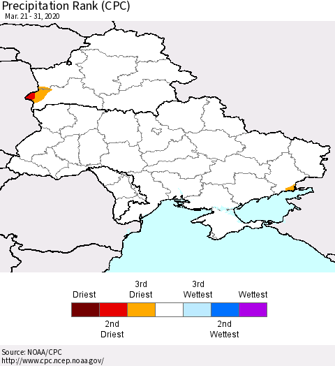 Ukraine, Moldova and Belarus Precipitation Rank (CPC) Thematic Map For 3/21/2020 - 3/31/2020