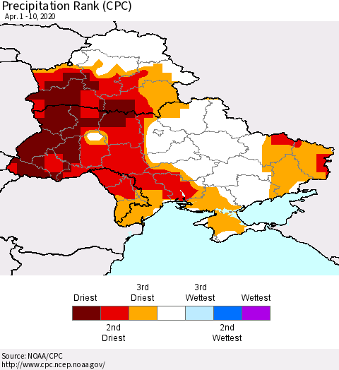 Ukraine, Moldova and Belarus Precipitation Rank (CPC) Thematic Map For 4/1/2020 - 4/10/2020