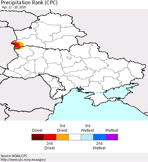 Ukraine, Moldova and Belarus Precipitation Rank (CPC) Thematic Map For 4/11/2020 - 4/20/2020