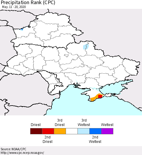 Ukraine, Moldova and Belarus Precipitation Rank (CPC) Thematic Map For 5/11/2020 - 5/20/2020