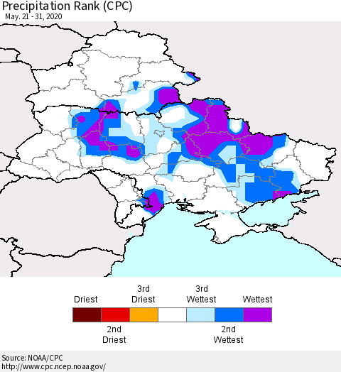 Ukraine, Moldova and Belarus Precipitation Rank since 1981 (CPC) Thematic Map For 5/21/2020 - 5/31/2020